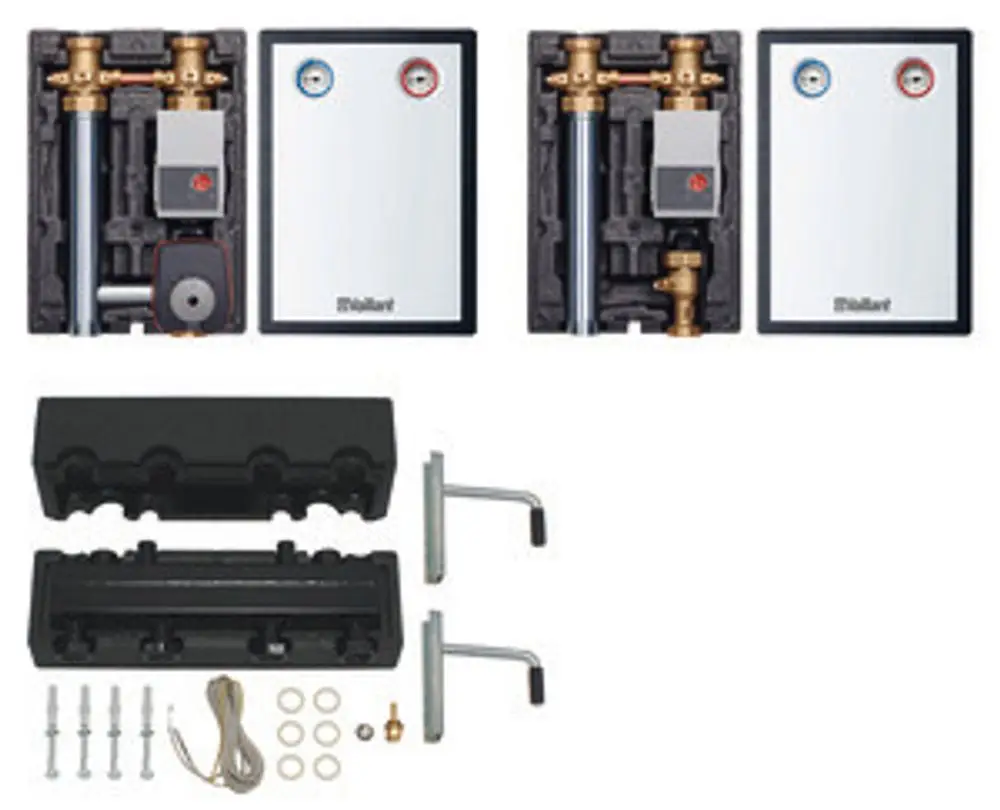 Vaillant Heizungsmodul mit mehreren Anschlüssen, bestehend aus Heizkreisverteilern und Zubehörteilen für die Installation. Komponenten in schwarzem Kunststoff mit Metallteilen.
